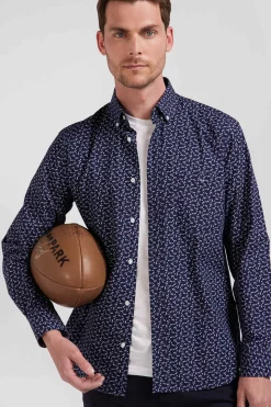Chemise en popeline de coton bleu marine microimprimé nœud papillon coupe Regular