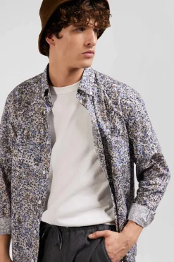 Chemise en popeline de coton écrue microimprimé floral coupe Regular