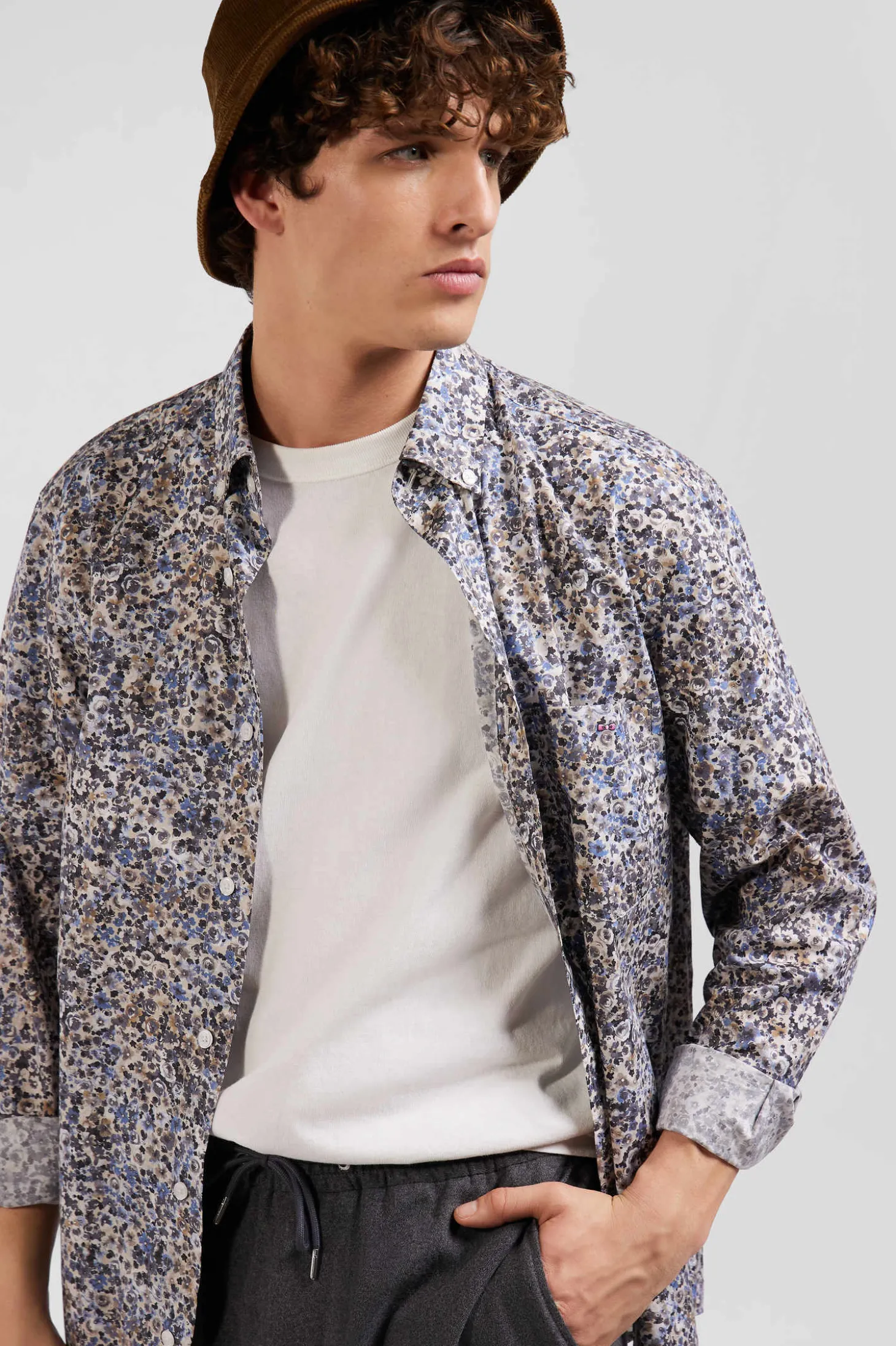 Chemise en popeline de coton écrue microimprimé floral coupe Regular