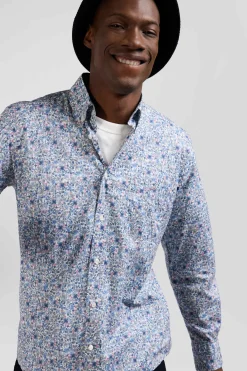 Chemise en popeline de coton ciel microimprimé floral coupe Regular