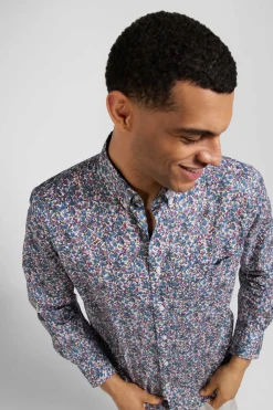 Chemise en popeline de coton bleue à imprimé floral coupe Regular