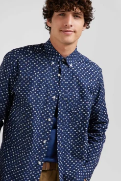 Chemise en popeline de coton bleu marine microimprimé floral coupe Regular