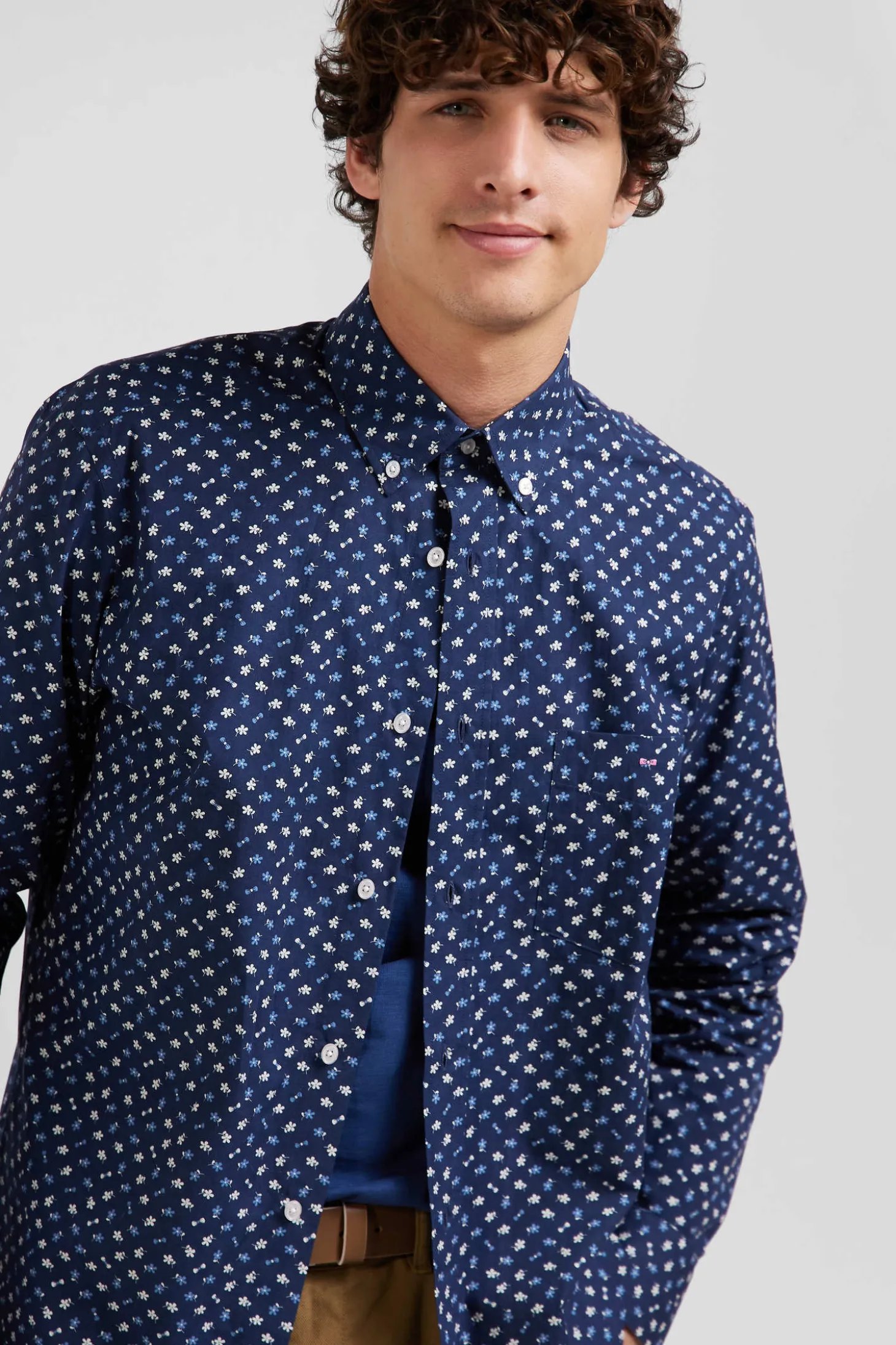 Chemise en popeline de coton bleu marine microimprimé floral coupe Regular