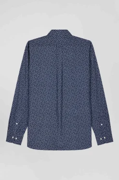 Chemise en popeline de coton bleu marine à microimprimé floral coupe Regular