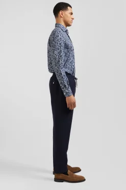 Chemise en popeline de coton grise microimprimé fleurs coupe Slim