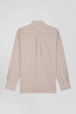 Chemise en popeline de coton rayée marron coupe Regular