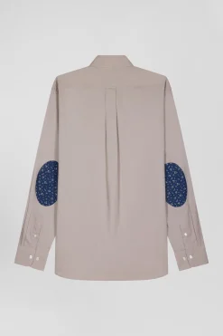 Chemise en popeline de coton grise col boutonné et coudières imprimées coupe Regular