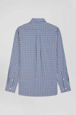 Chemise en popeline de coton bleu marine à carreaux bicolore coupe Regular