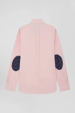 Chemise en popeline de coton rose col boutonné et coudières imprimées coupe Regular