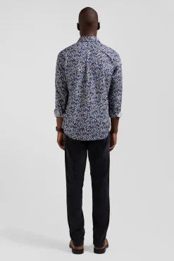 Chemise en popeline de coton Pima bleu marine microimprimé floral coupe Regular