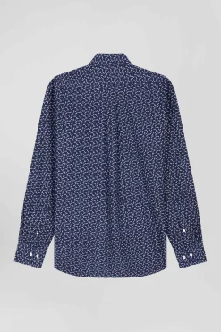 Chemise en popeline de coton bleu marine microimprimé nœud papillon coupe Regular