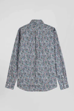Chemise en popeline de coton bleue à imprimé floral coupe Regular
