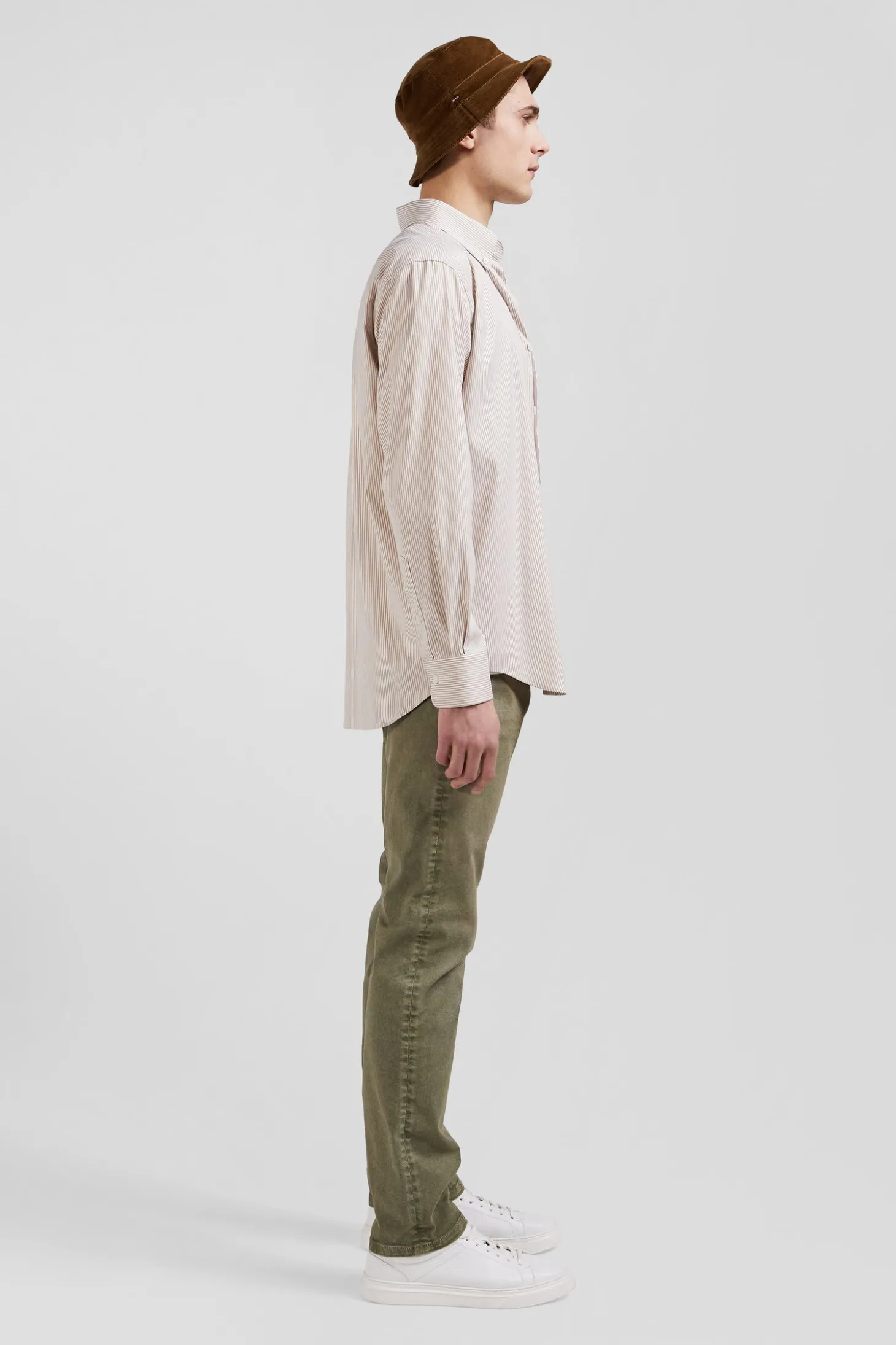 Chemise en popeline de coton beige à rayures bâton coupe Regular