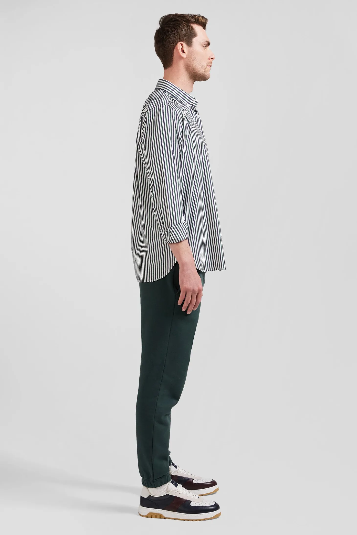 Chemise en popeline de coton à rayures verte coupe Regular