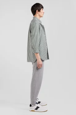 Chemise en popeline de coton rayée verte coupe Regular