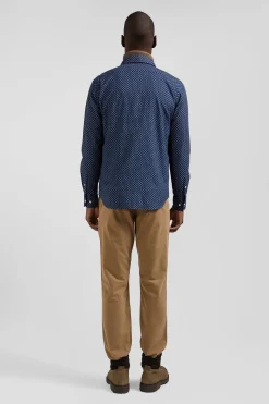 Chemise en popeline de coton indigo imprimé graphique coupe Slim