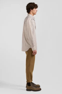 Chemise en popeline de coton rayée marron coupe Regular