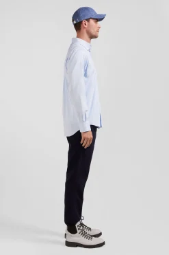 Chemise en popeline de coton bleue à rayures bâton coupe Regular