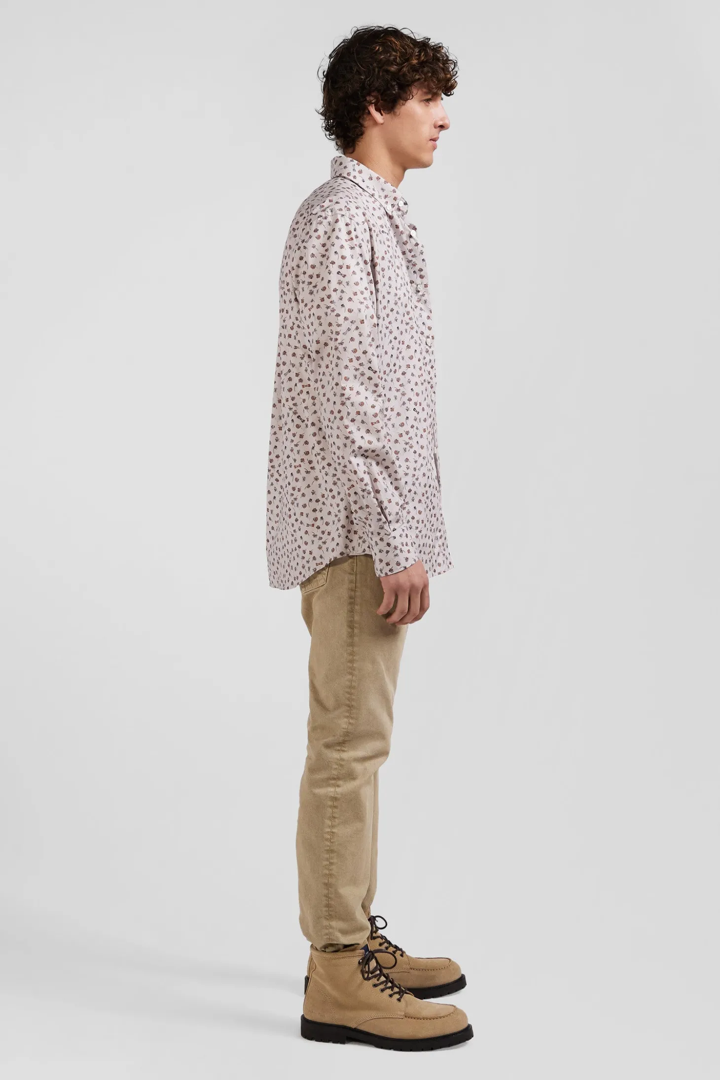 Chemise en popeline de coton beige à microimprimé coupe Regular