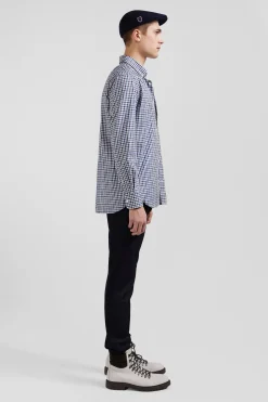 Chemise en popeline de coton bleu marine à carreaux bicolore coupe Regular