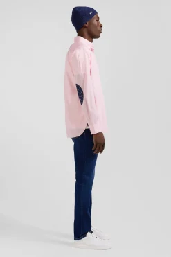 Chemise en popeline de coton rose col boutonné et coudières imprimées coupe Regular