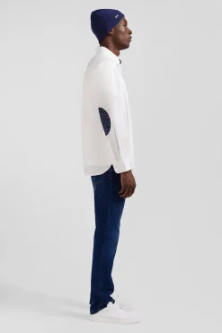 Chemise en popeline de coton blanche col boutonné et coudières imprimées coupe Regular