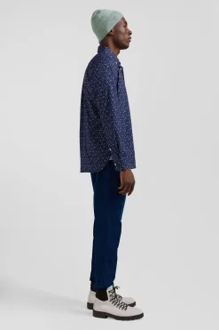 Chemise en popeline de coton bleu marine à microimprimé fleurs coupe Regular