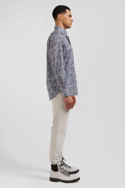 Chemise en popeline de coton bleue à imprimé floral coupe Regular