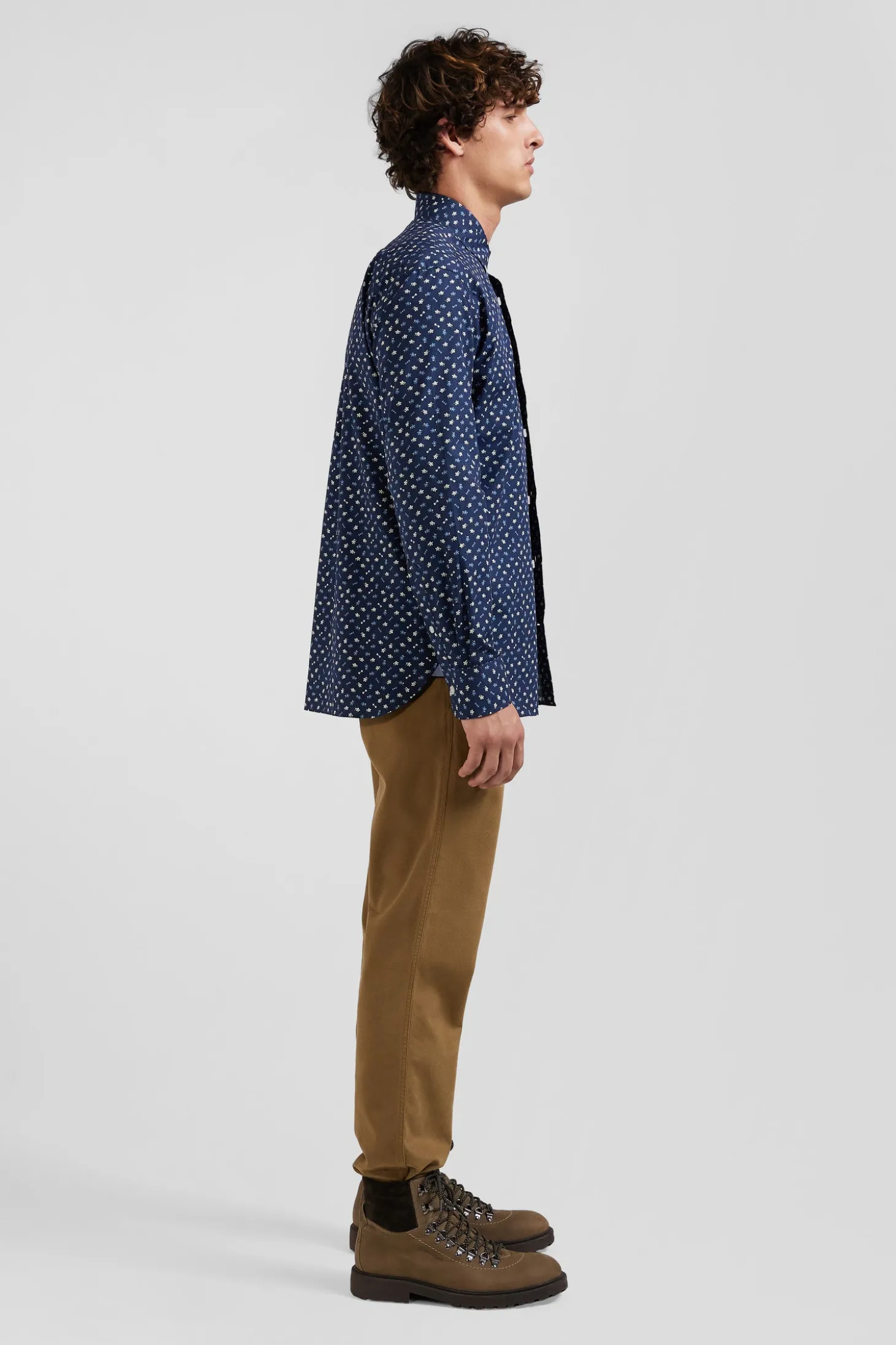 Chemise en popeline de coton bleu marine microimprimé floral coupe Regular