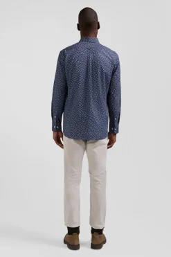 Chemise en popeline de coton bleu marine à microimprimé floral coupe Regular