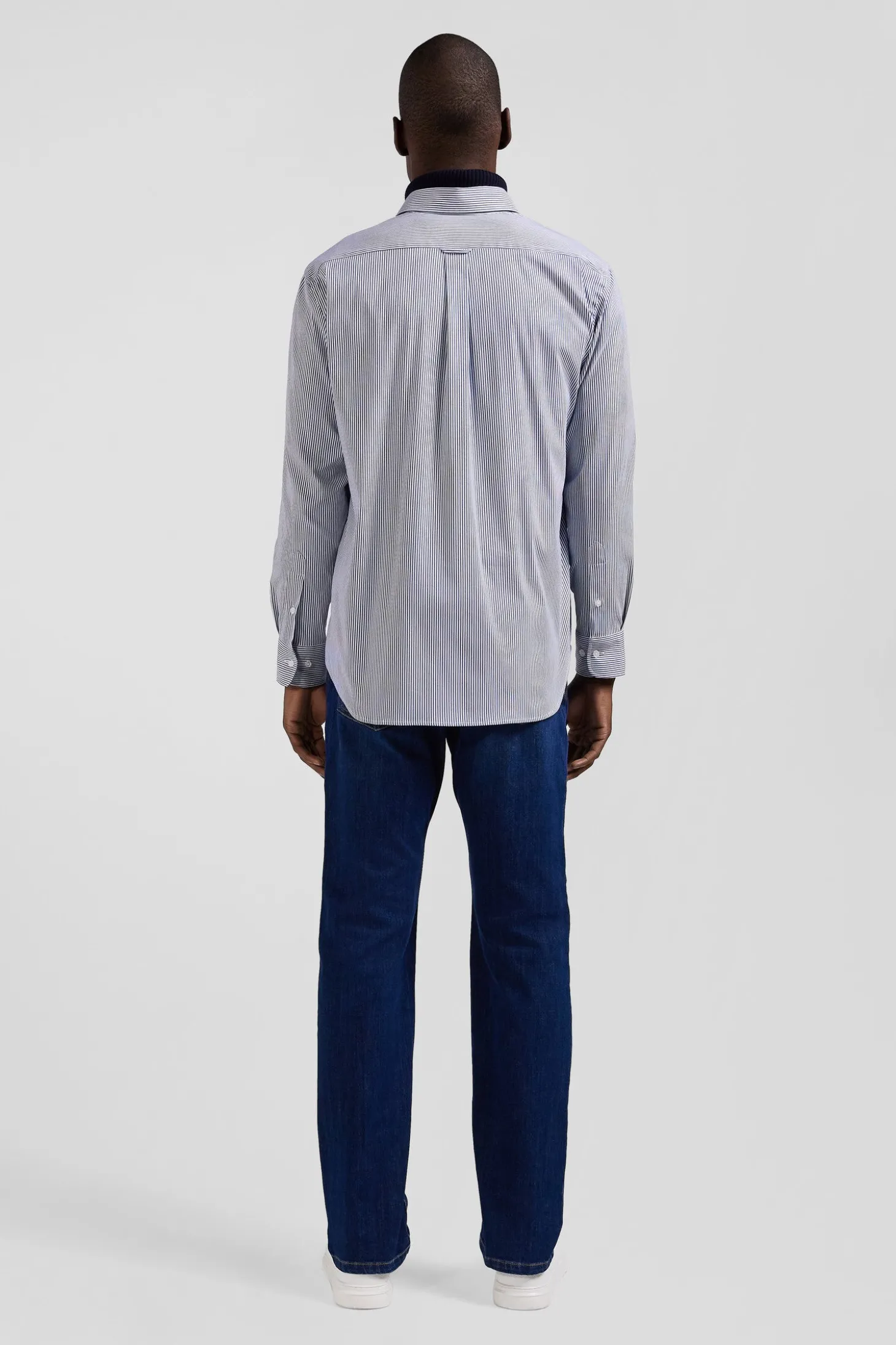 Chemise en popeline de coton bleu marine à rayures bâton coupe Regular