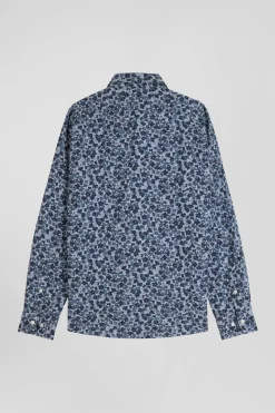 Chemise en popeline de coton grise microimprimé fleurs coupe Slim