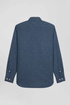 Chemise en popeline de coton indigo imprimé graphique coupe Slim