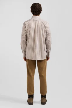 Chemise en popeline de coton rayée marron coupe Regular