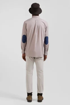 Chemise en popeline de coton grise col boutonné et coudières imprimées coupe Regular