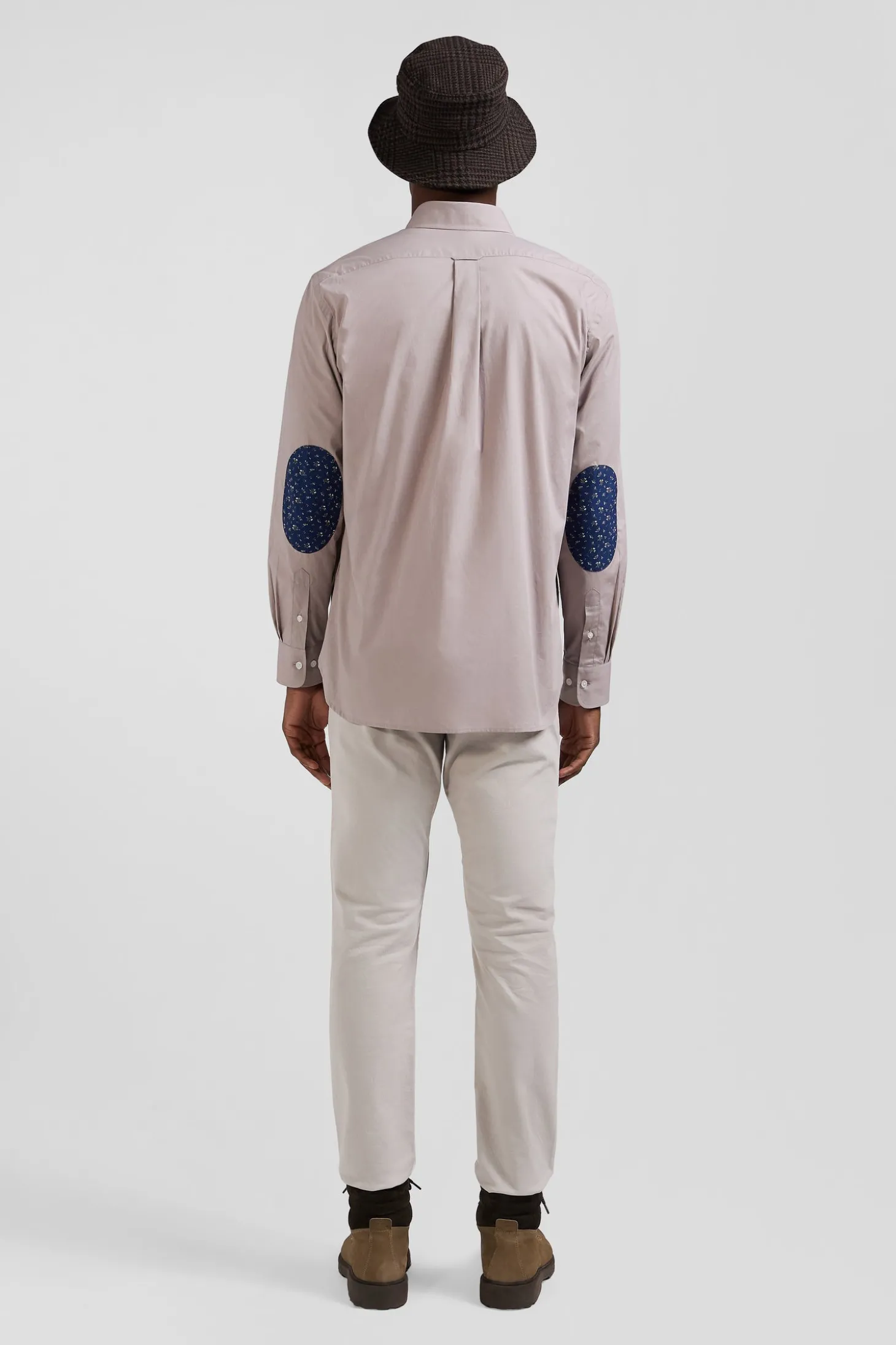 Chemise en popeline de coton grise col boutonné et coudières imprimées coupe Regular