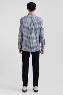 Chemise en popeline de coton bleu marine à carreaux bicolore coupe Regular