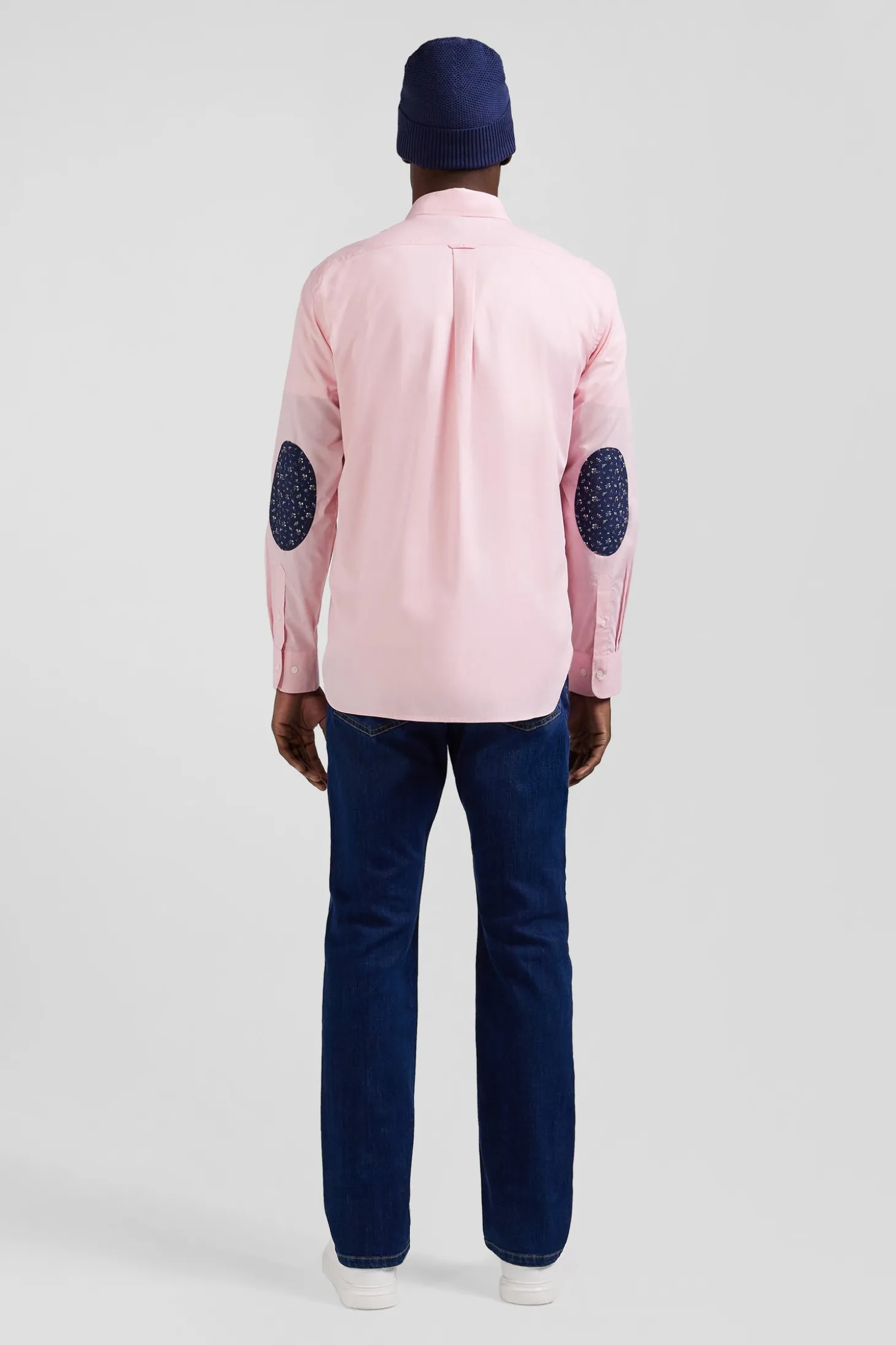 Chemise en popeline de coton rose col boutonné et coudières imprimées coupe Regular