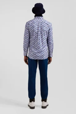 Chemise en popeline de coton bleue imprimé floral coupe Regular