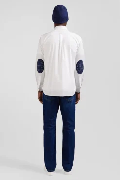 Chemise en popeline de coton blanche col boutonné et coudières imprimées coupe Regular