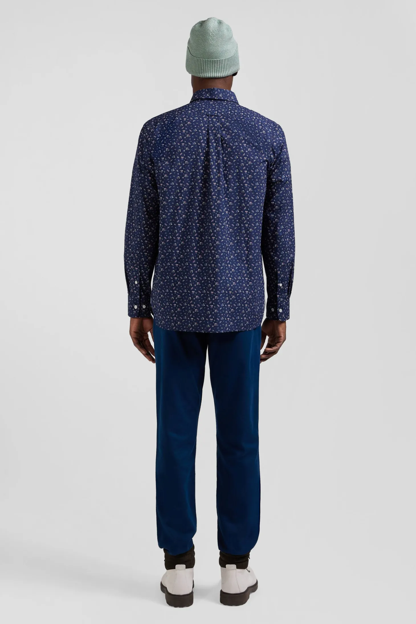 Chemise en popeline de coton bleu marine à microimprimé fleurs coupe Regular