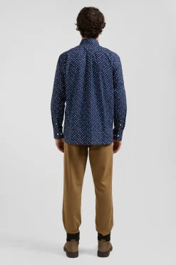 Chemise en popeline de coton bleu marine microimprimé floral coupe Regular