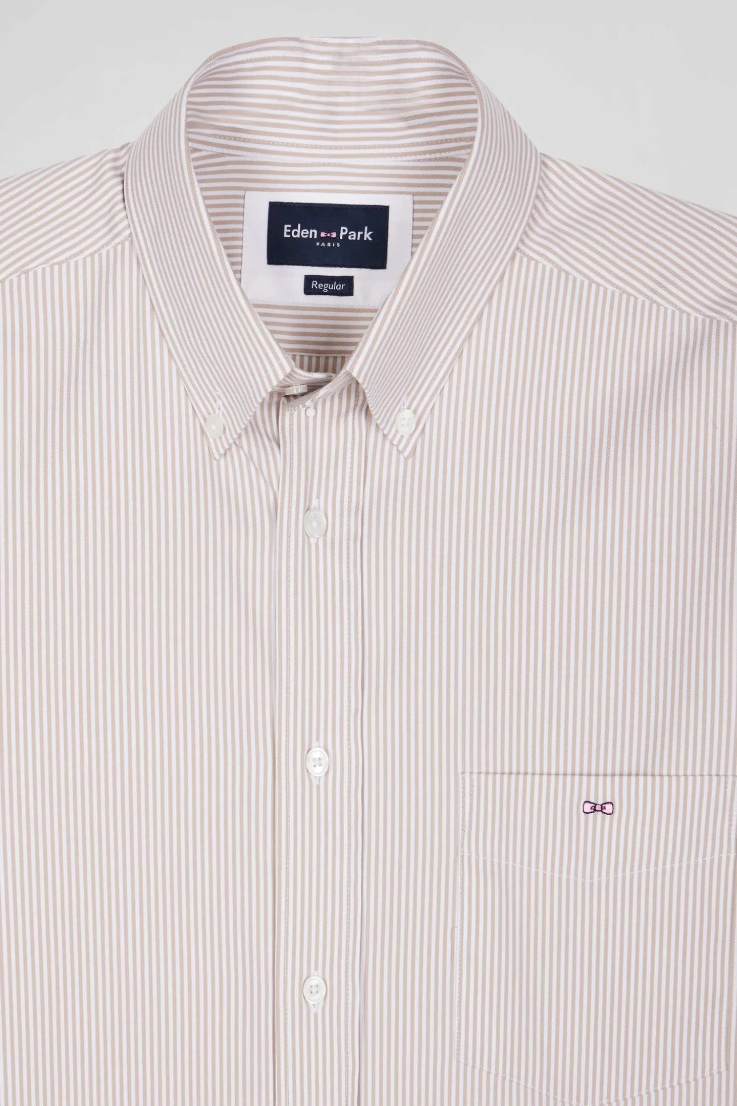 Chemise en popeline de coton beige à rayures bâton coupe Regular