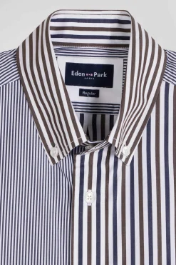 Chemise en popeline de coton marron rayures mix and match coupe Regular