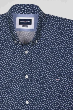 Chemise en popeline de coton bleu marine à microimprimé floral coupe Regular
