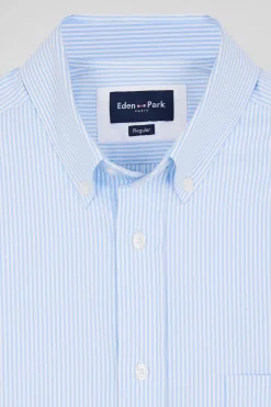 Chemise en popeline de coton bleue à rayures bâton coupe Regular