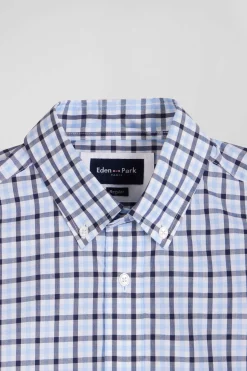 Chemise en popeline de coton bleue à carreaux bicolore coupe Regular