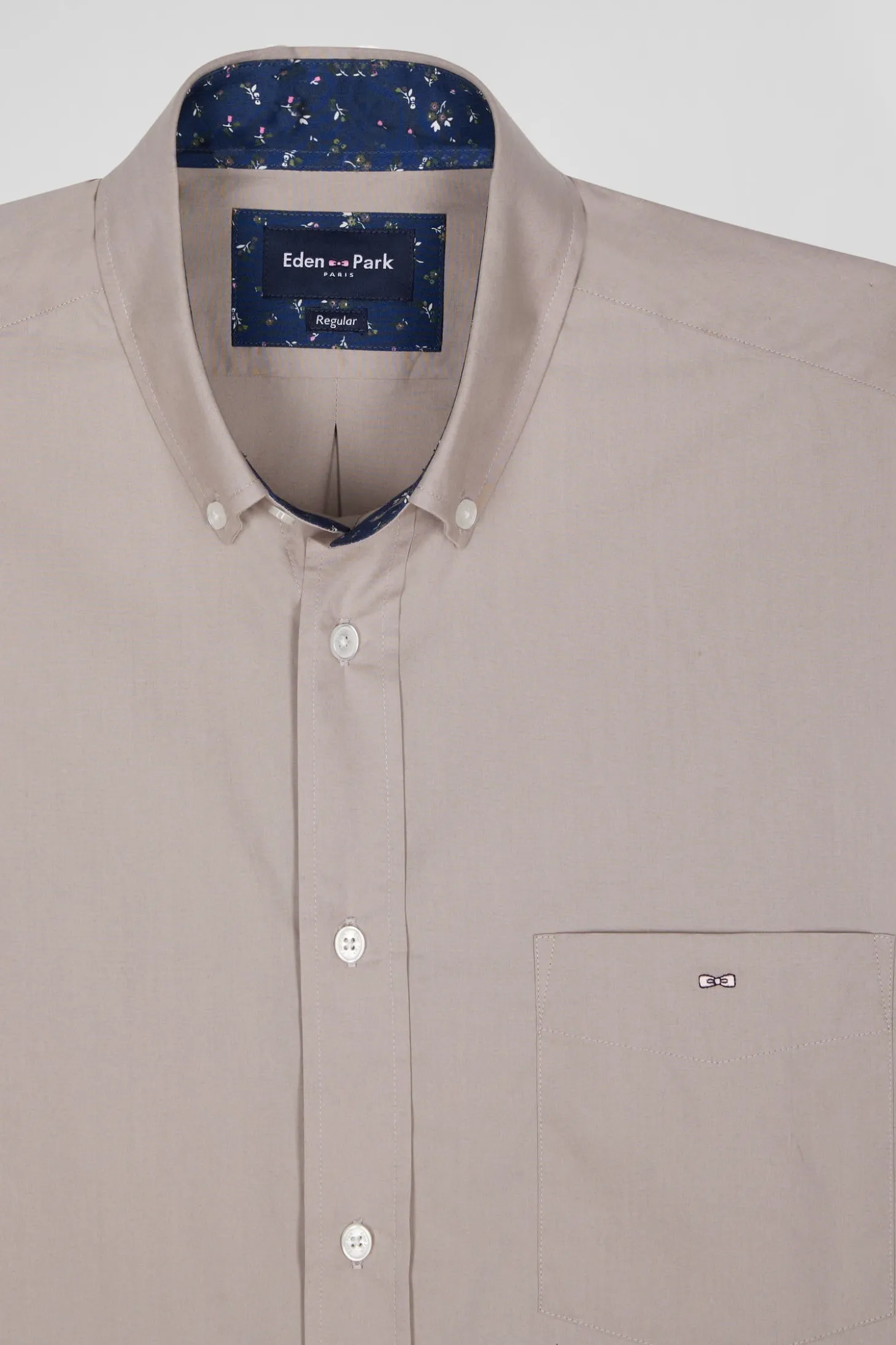 Chemise en popeline de coton grise col boutonné et coudières imprimées coupe Regular