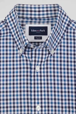 Chemise en popeline de coton bleu marine à carreaux bicolore coupe Regular