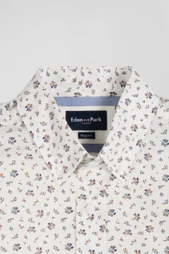 Chemise en popeline de coton écrue à microimprimé fleurs coupe Regular